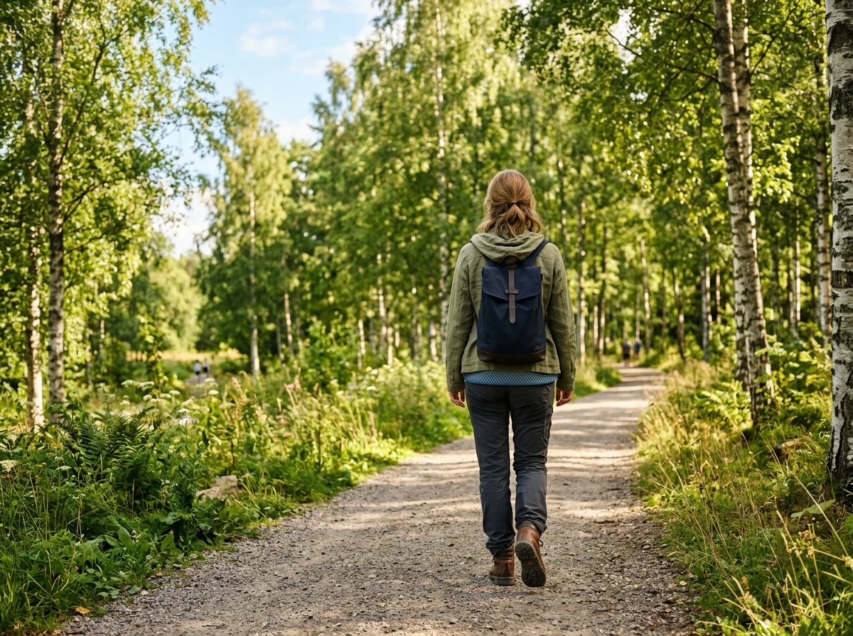 Person promenerar i solig park - aktivt utomhusliv för välmående